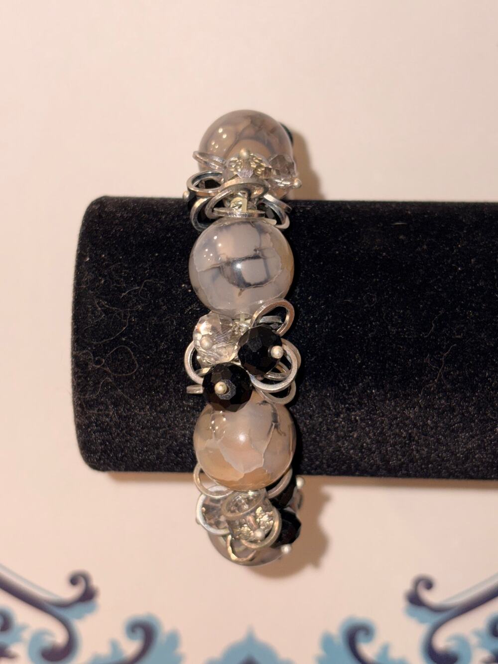 Gothic Dragon Vein Silver Metal Wire Cluster Bracelet Crystal & Onyx Accent Cuff